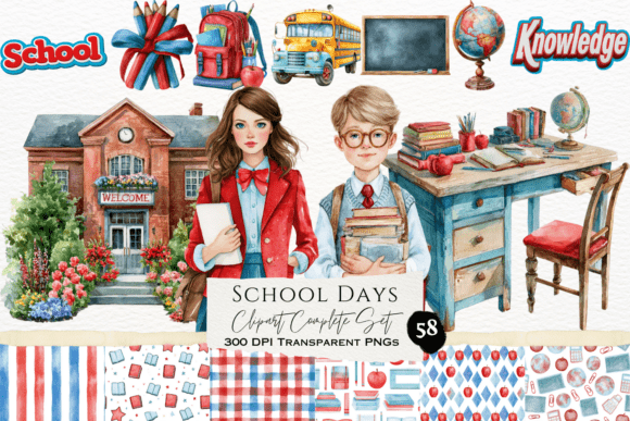 Download School Days Watercolor Clipart Set - Watercolor clipart set Collection