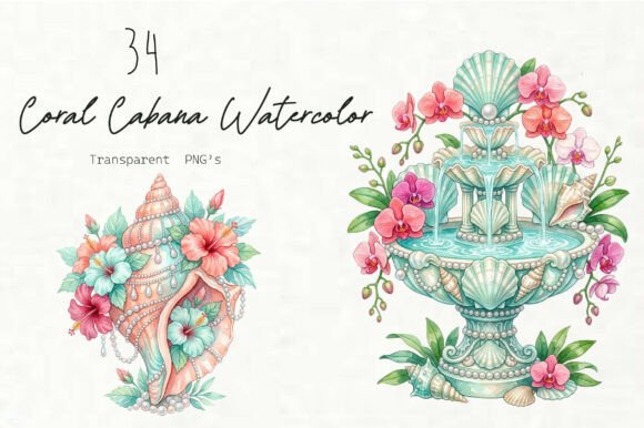 Download Coral Cabana Watercolor Clipart Set - Watercolor clipart set Collection